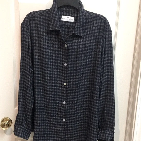 SAKS FIFTH AVENUE Unisex Shacket, Blue & Grey Woven Checkered Shirt - Picture 2 of 7